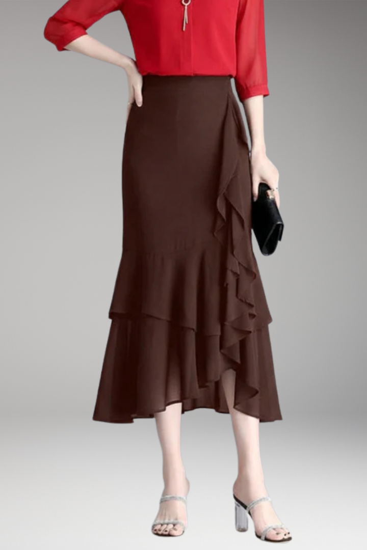 Women's Midi Skirt with High-Waist and High-Low Hem