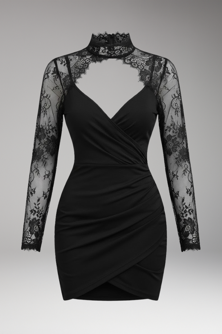 Women's Mini Dress with Lace Trim and High Collar
