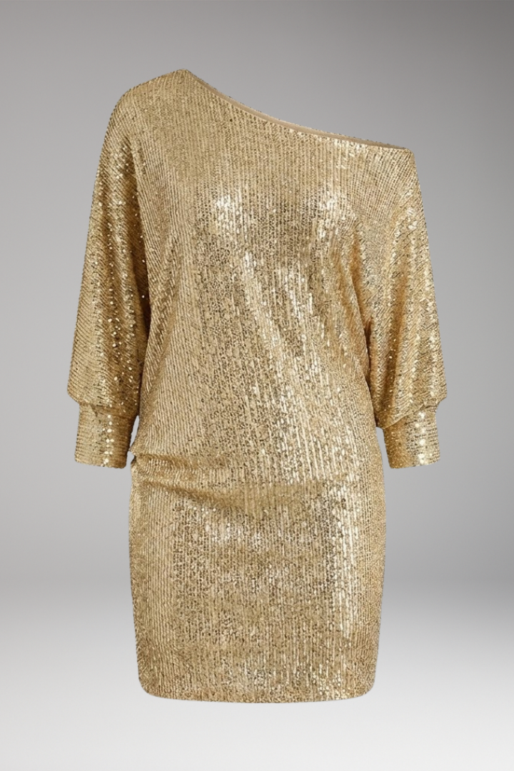 Women's Mini Dress with Sequin Shoulders and Off-the-Shoulder Design
