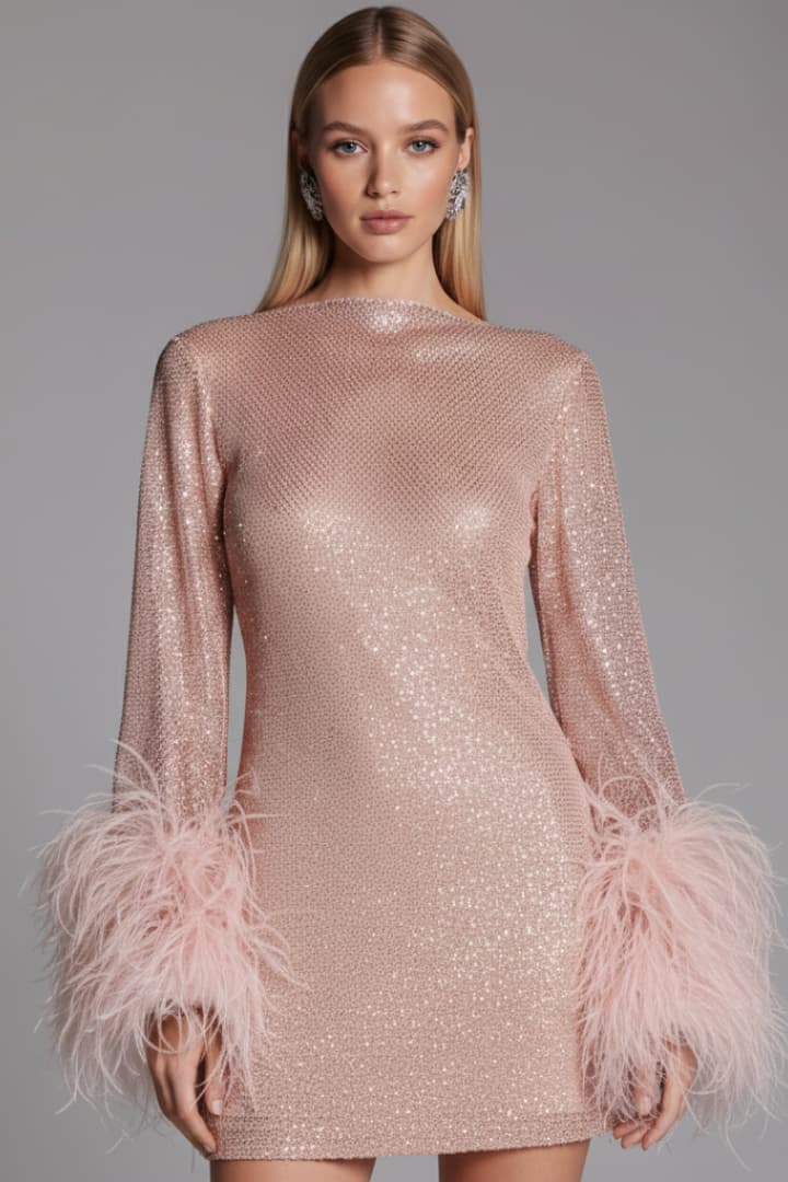 Women's Mini Dress with Sequin Surface and Feather Sleeves