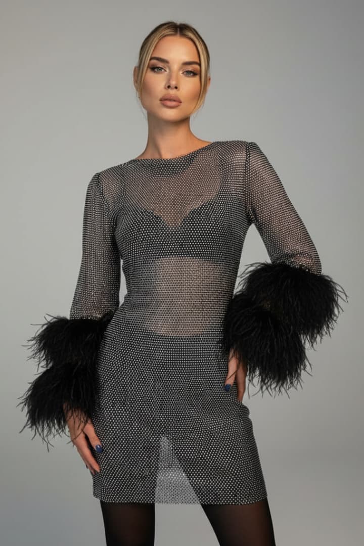 Women's Mini Dress with Sequin Surface and Feather Sleeves