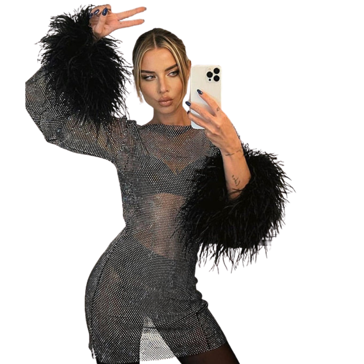 Women's Mini Dress with Sequin Surface and Feather Sleeves