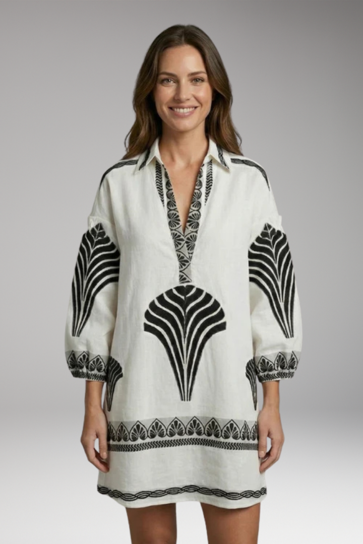 Women's Mini Dress with V-Neck and Printed Design
