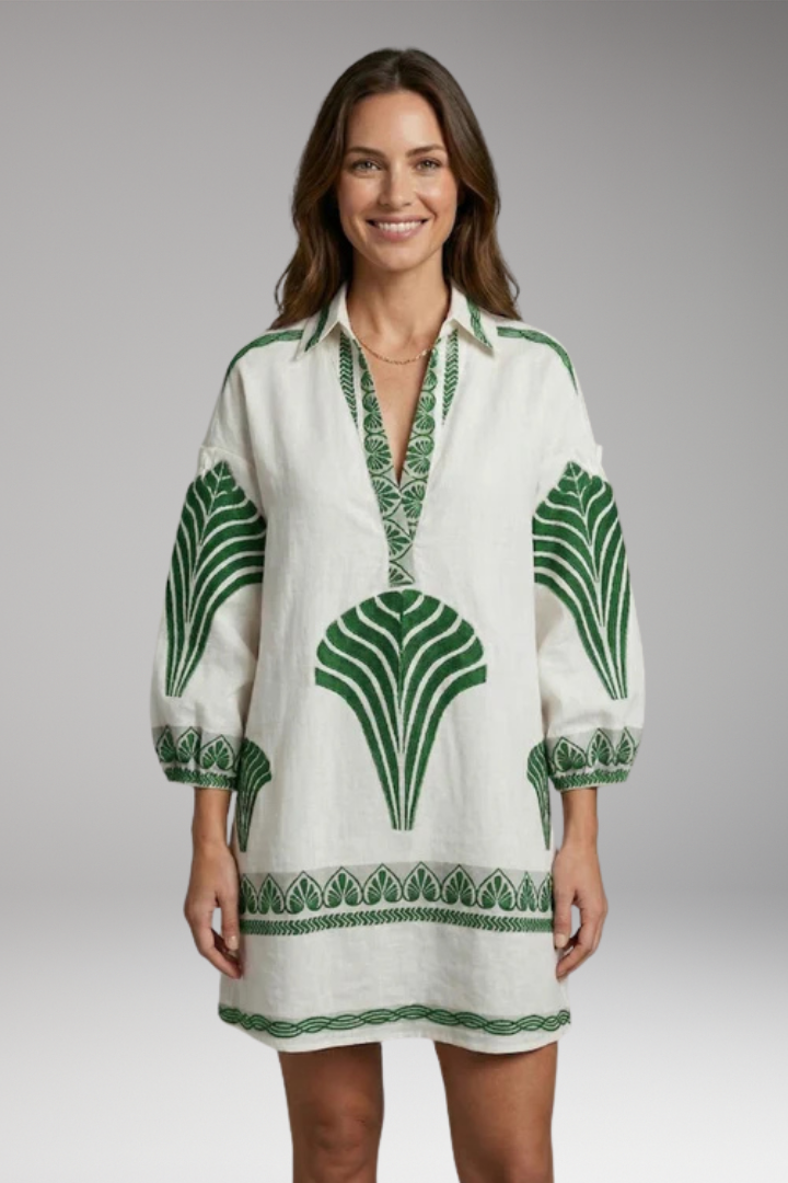 Women's Mini Dress with V-Neck and Printed Design