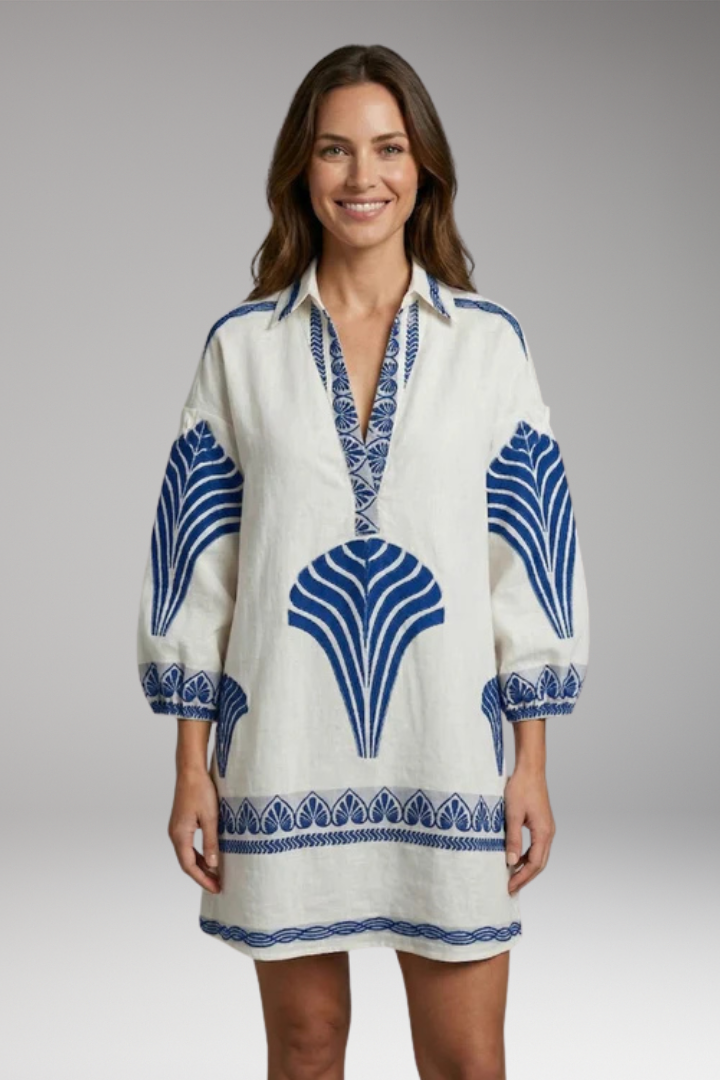 Women's Mini Dress with V-Neck and Printed Design