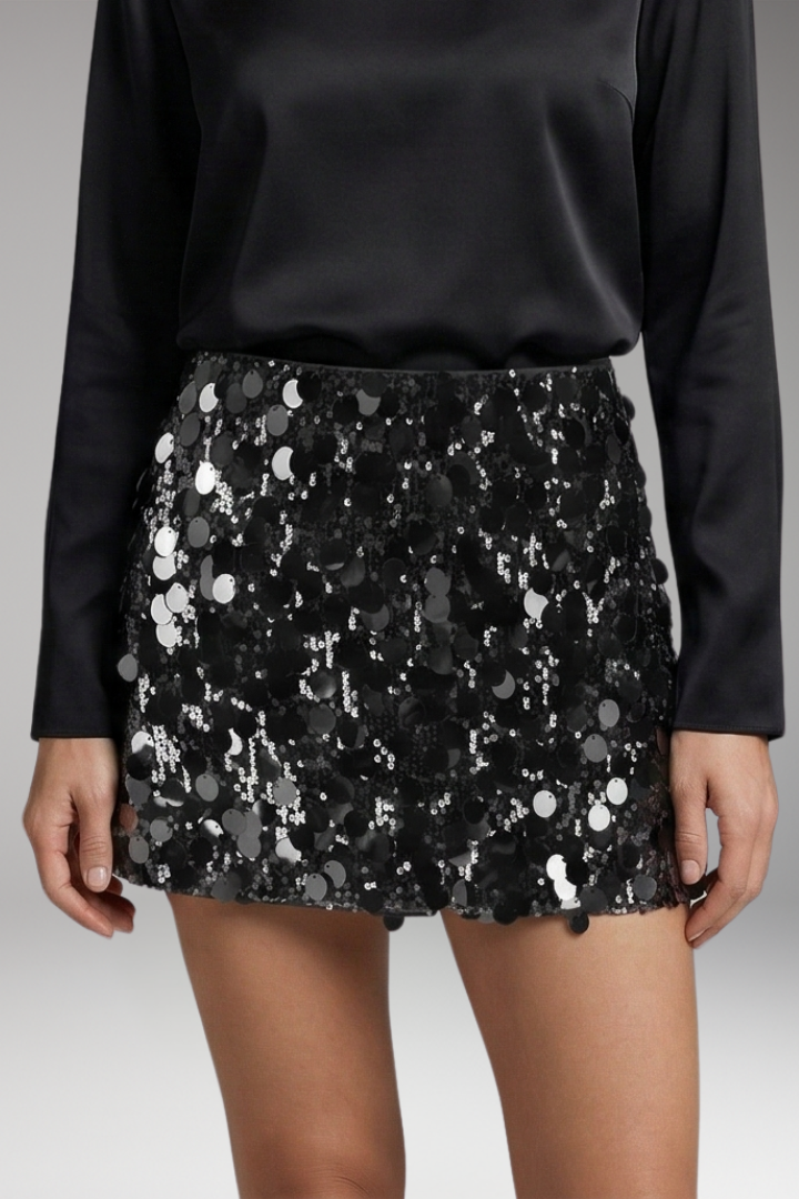 Women's Mini Skirt with Fitted Waistband and Sequin Surface
