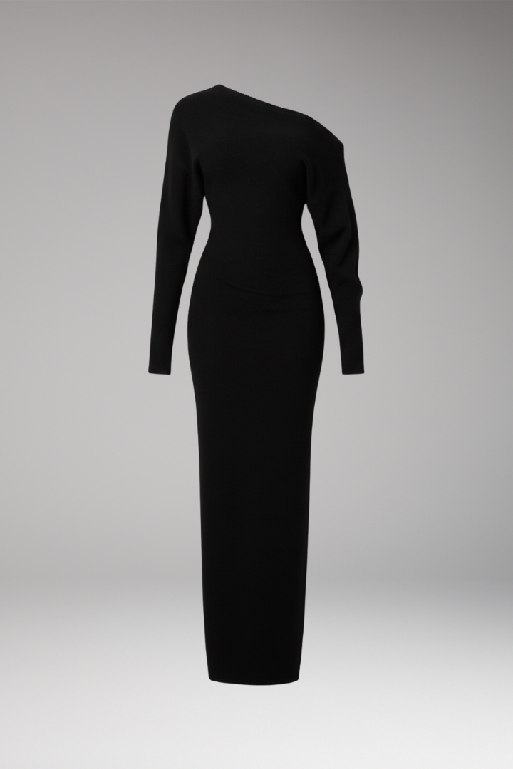 Women's Off-Shoulder Dress with Knit Surface and Fitted Shape