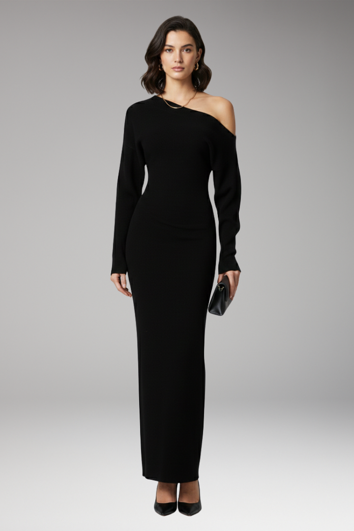 Women's Off-Shoulder Dress with Knit Surface and Fitted Shape