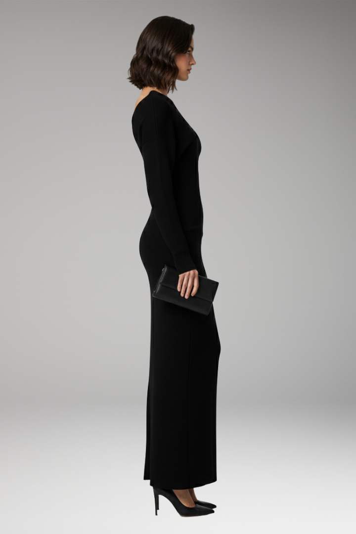Women's Off-Shoulder Dress with Knit Surface and Fitted Shape