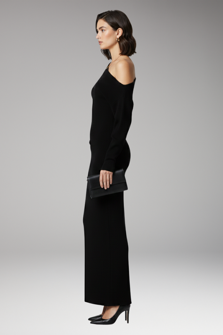 Women's Off-Shoulder Dress with Knit Surface and Fitted Shape