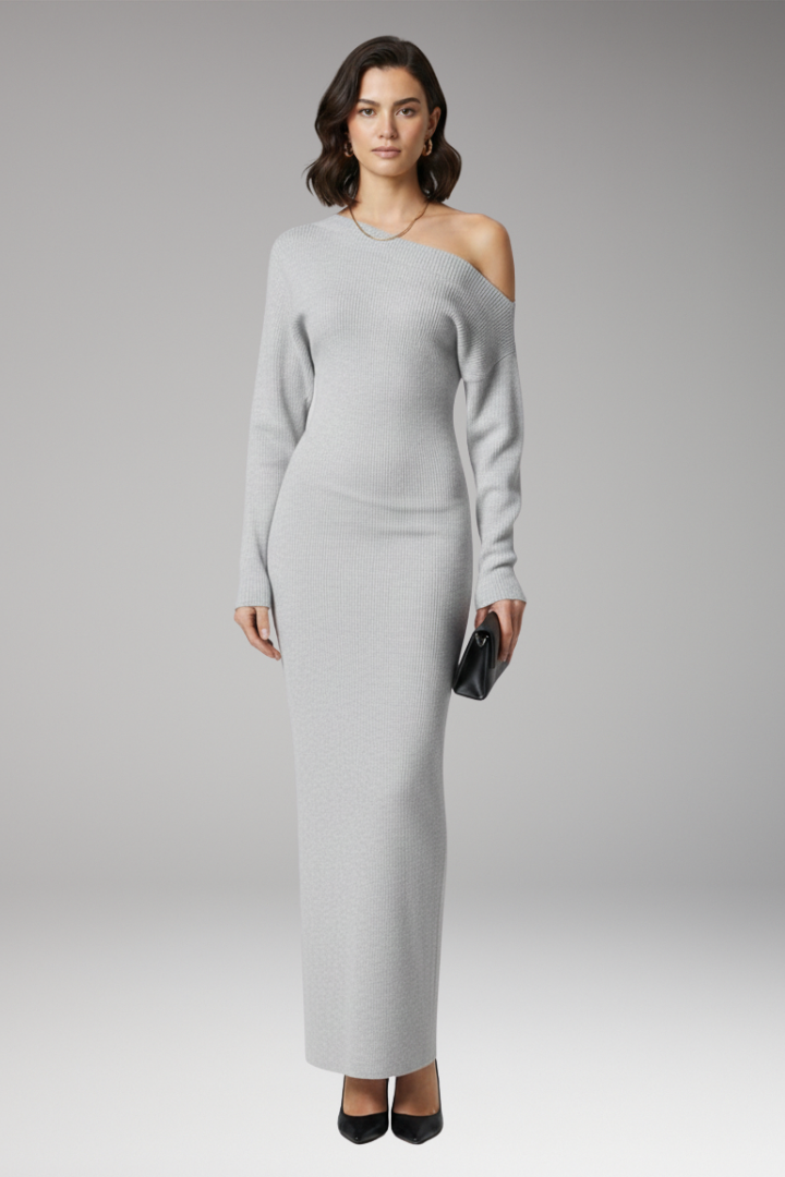Women's Off-Shoulder Dress with Knit Surface and Fitted Shape