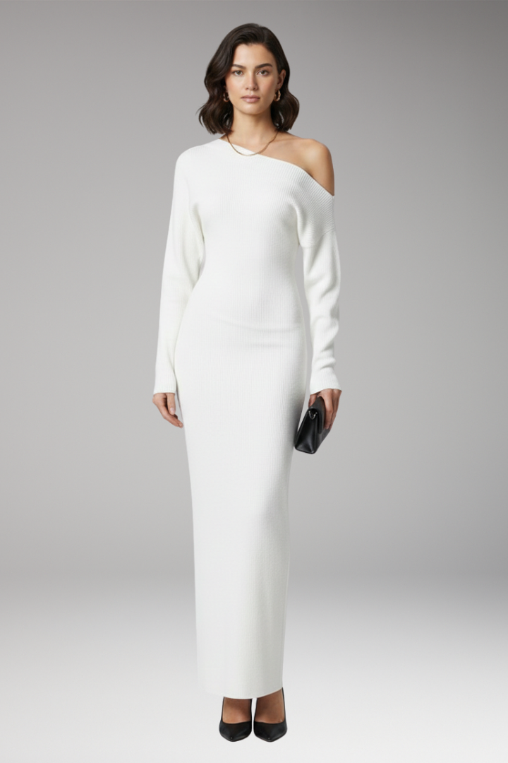Women's Off-Shoulder Dress with Knit Surface and Fitted Shape