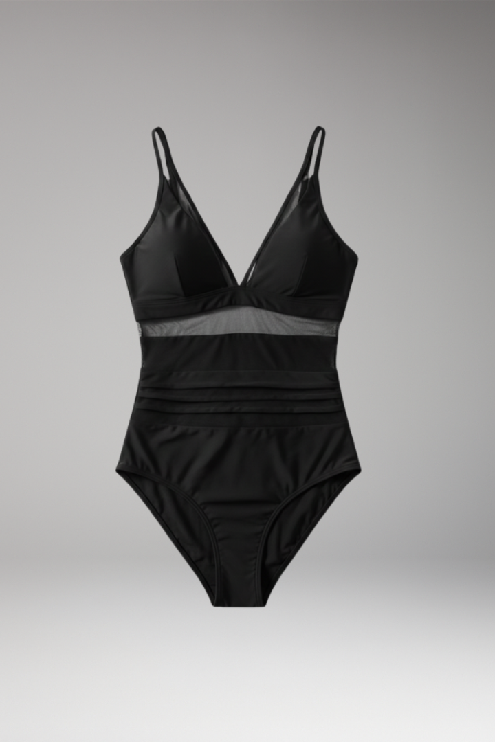 Women's One-Piece Swimsuit with Mesh Detail and Adjustable Straps