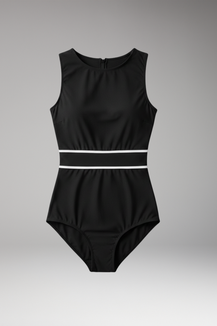 Women's One-Piece Swimsuit with Round Neckline and Striped Waist Detail