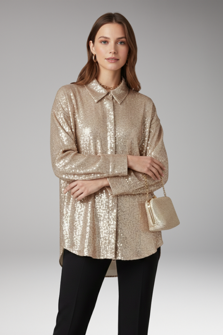Women's Oversized Blouse with Sequined Surface and Structured Cut