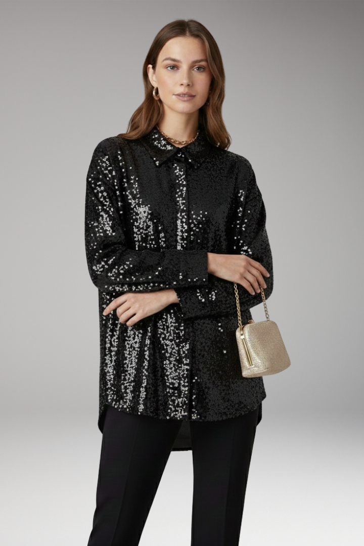 Women's Oversized Blouse with Sequined Surface and Structured Cut