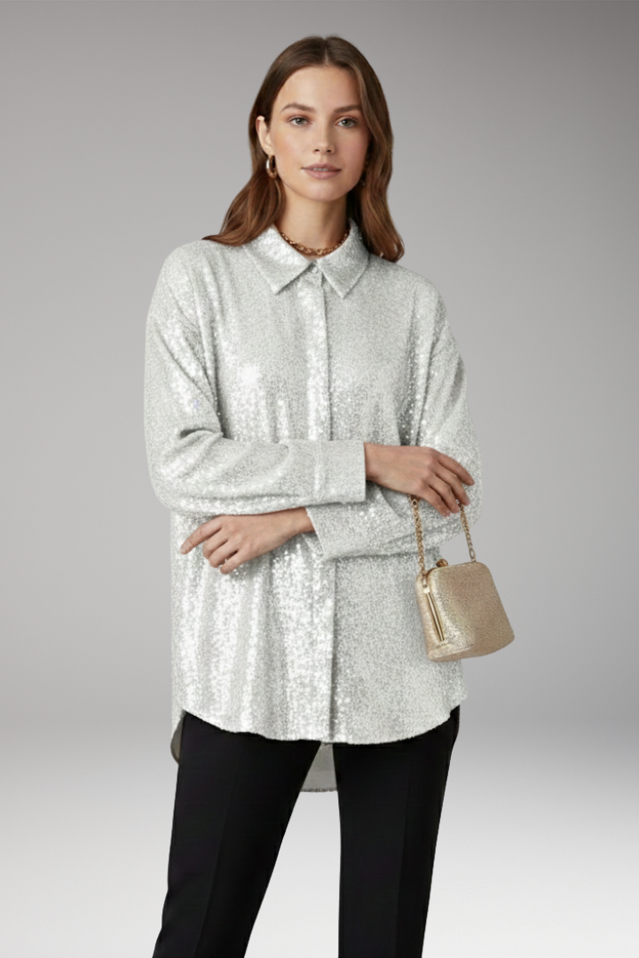 Women's Oversized Blouse with Sequined Surface and Structured Cut