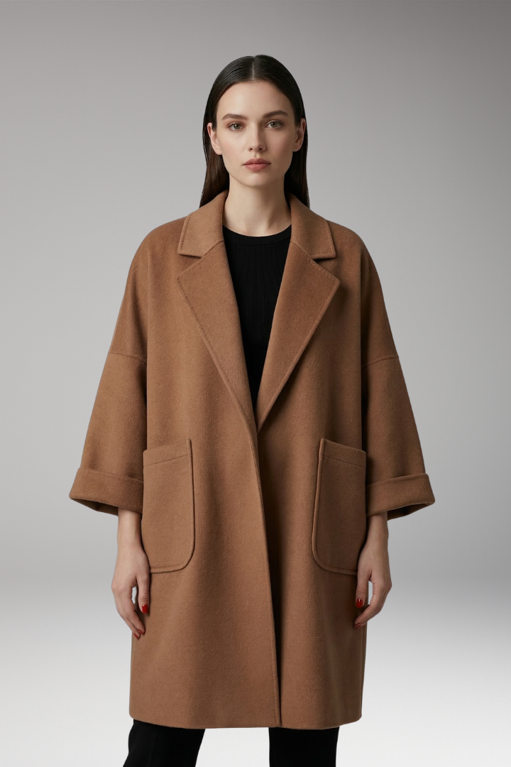 Women's Oversized Trench Coat with Lapel Collar and Front Pockets