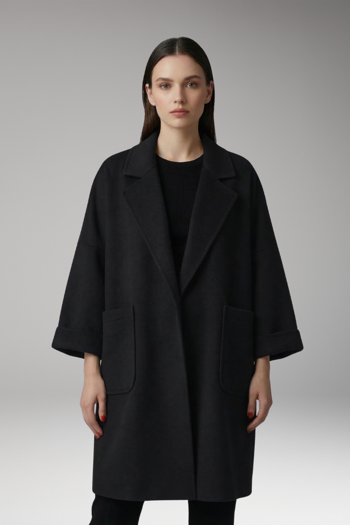 Women's Oversized Trench Coat with Lapel Collar and Front Pockets