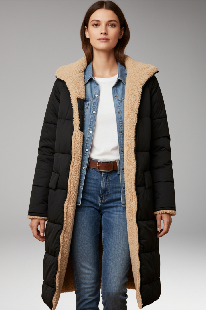 Women’s Padded Coat with Hood and Reversible Design