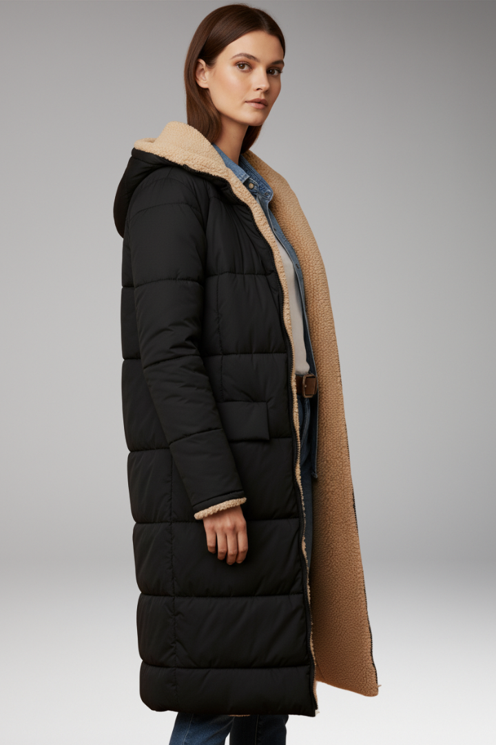 Women’s Padded Coat with Hood and Reversible Design