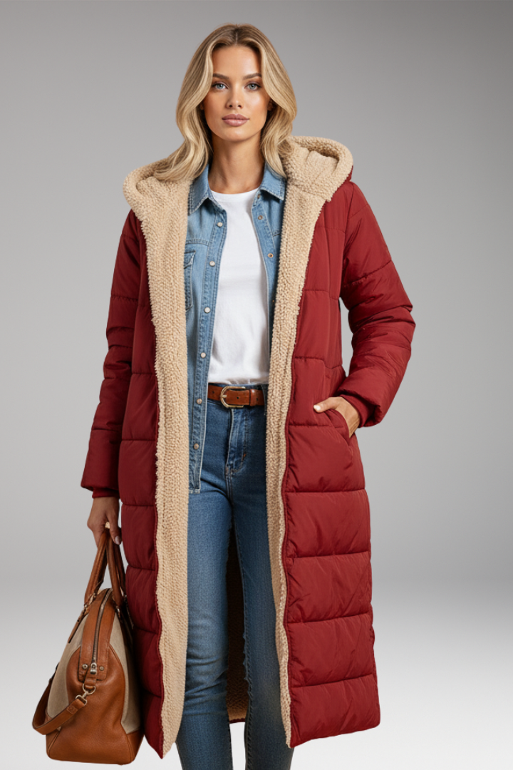 Women’s Padded Coat with Hood and Reversible Design