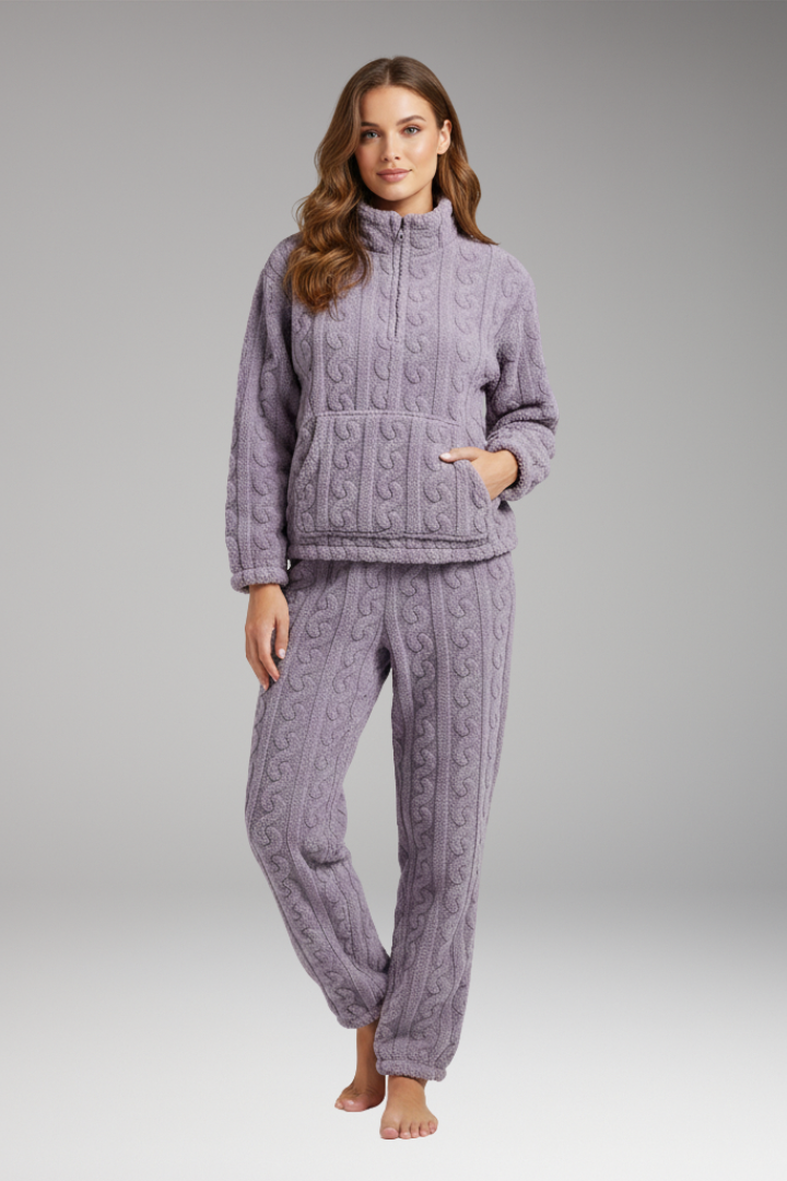 Women's Pajama Set with Zipper Top and Textured Fleece