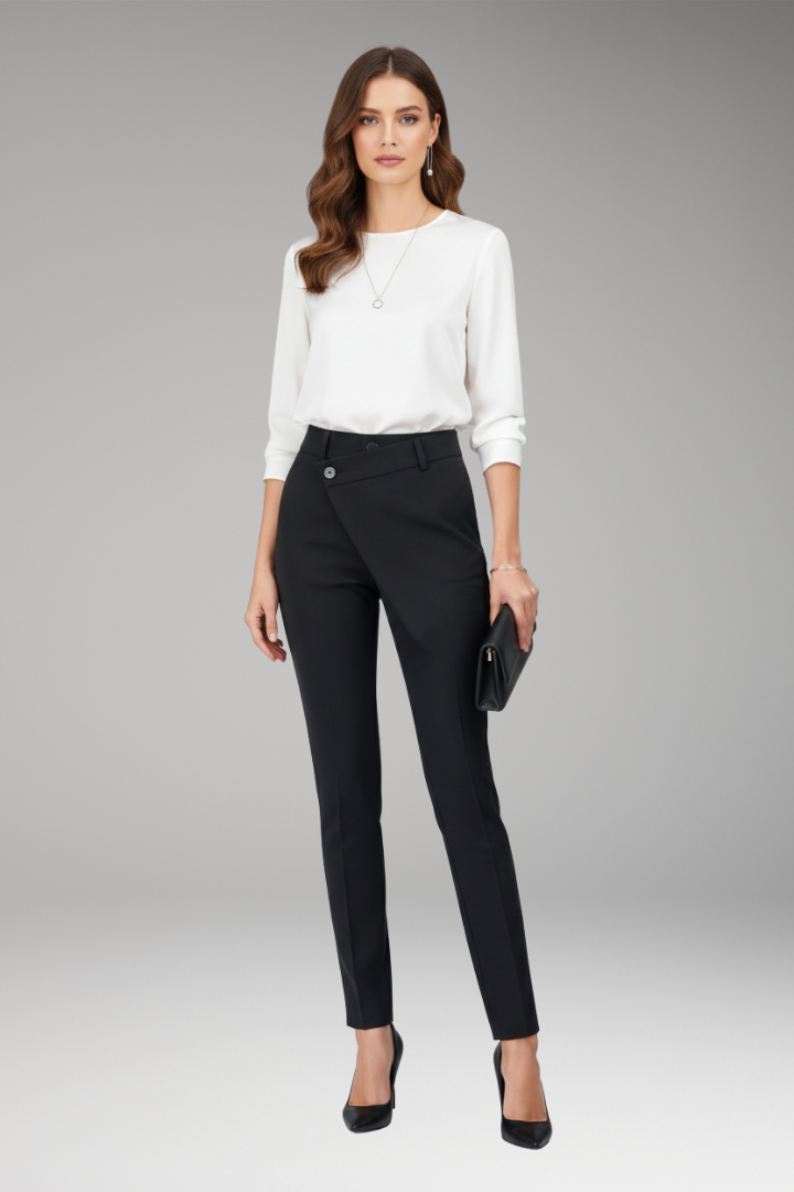 Women's Pants with Asymmetric Waistband and Slim Legs