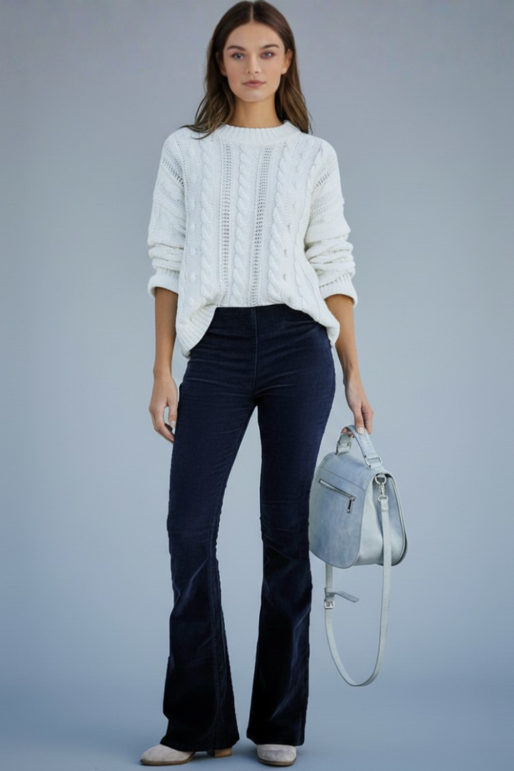 Women’s Pants with Ribbed Surface and Flared Legs