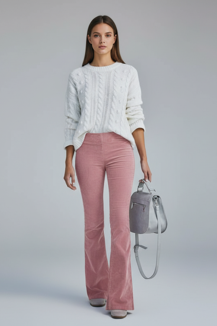 Women’s Pants with Ribbed Surface and Flared Legs