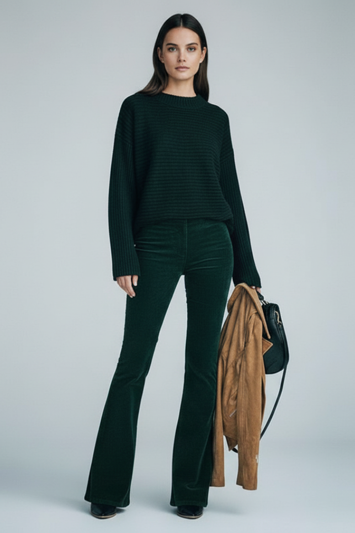 Women’s Pants with Ribbed Surface and Flared Legs