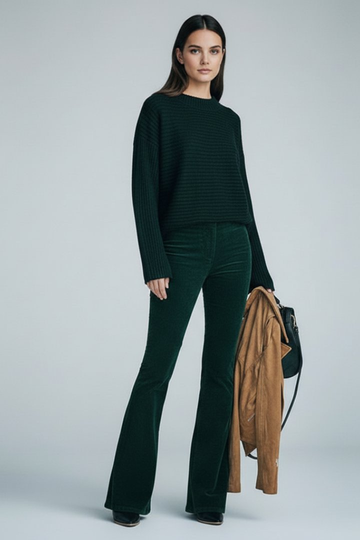 Women’s Pants with Ribbed Surface and Flared Legs