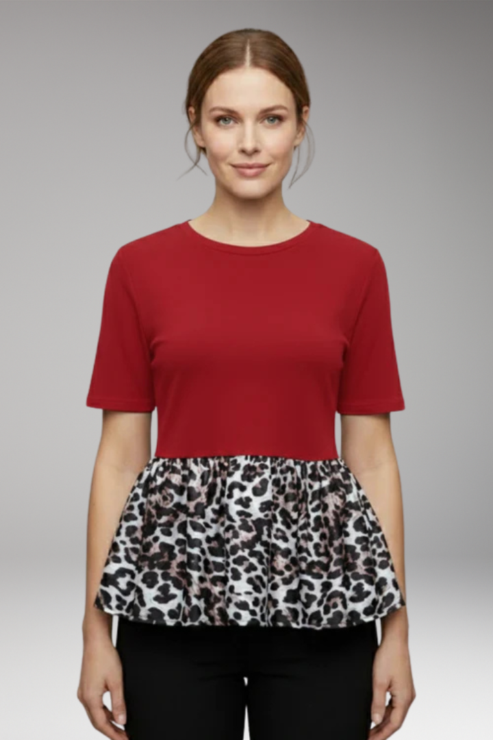 Women's Peplum T'Shirt with Leopard Print and Round Neck