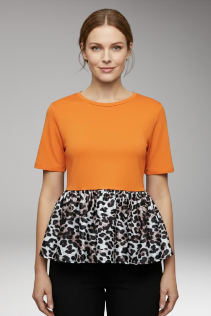 Women's Peplum T'Shirt with Leopard Print and Round Neck
