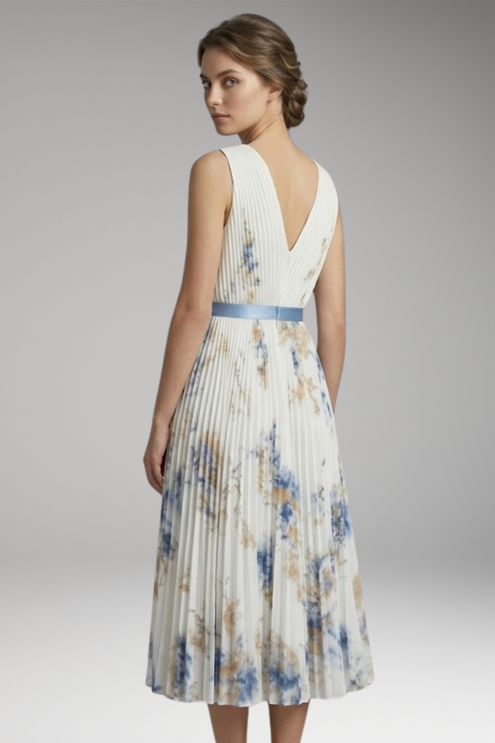 Women's Pleated Dress with Deep V-Neck and Floral Print
