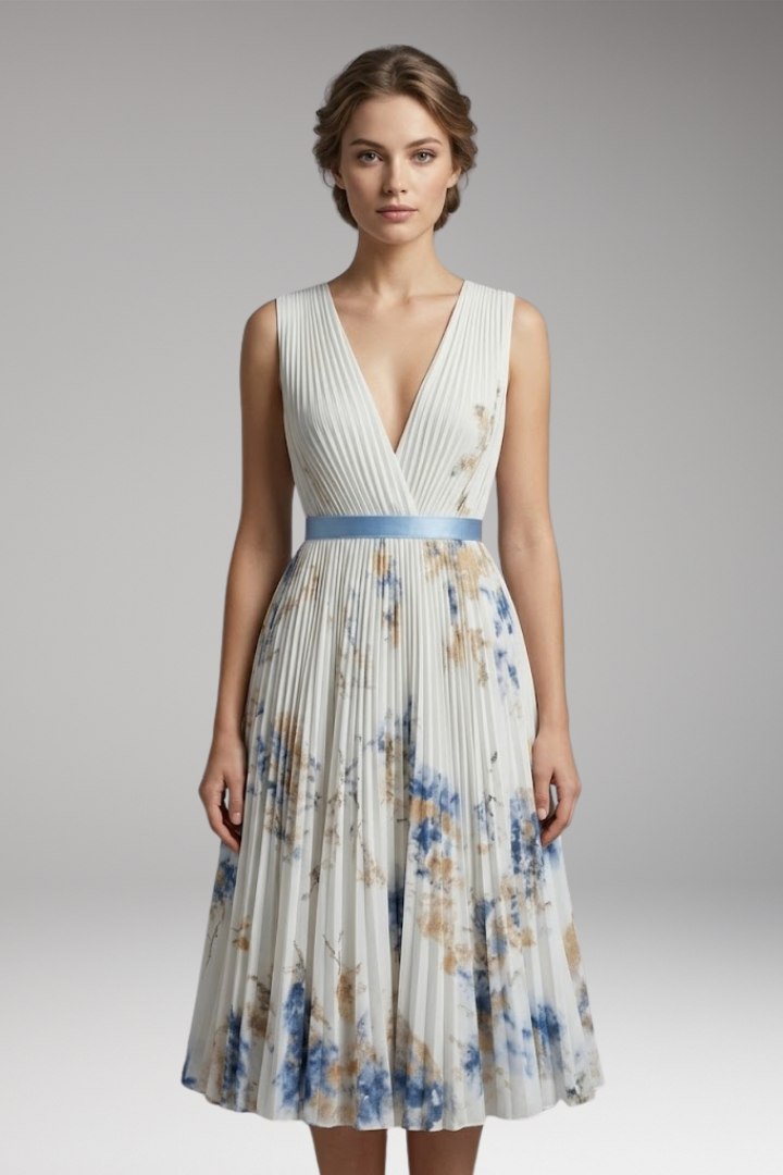 Women's Pleated Dress with Deep V-Neck and Floral Print
