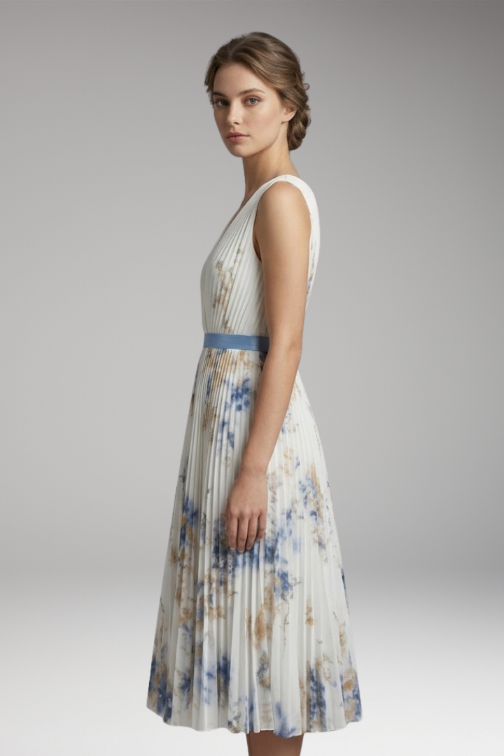 Women's Pleated Dress with Deep V-Neck and Floral Print
