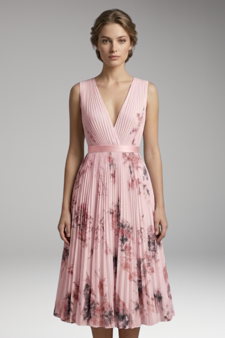 Women's Pleated Dress with Deep V-Neck and Floral Print