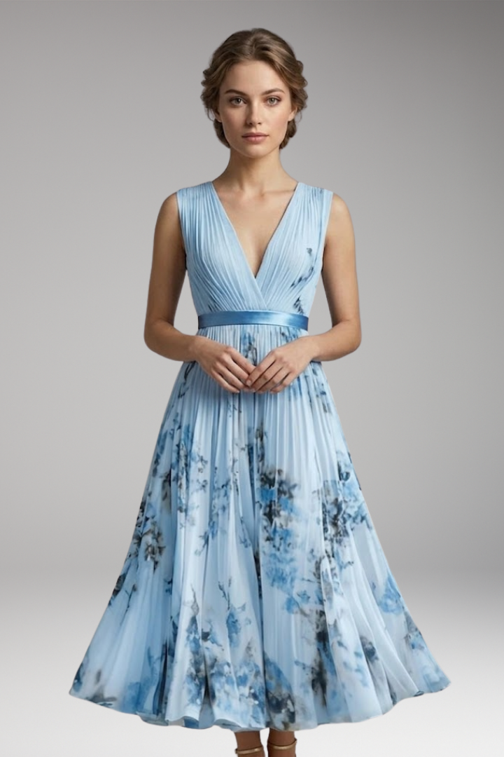 Women's Pleated Dress with Deep V-Neck and Floral Print