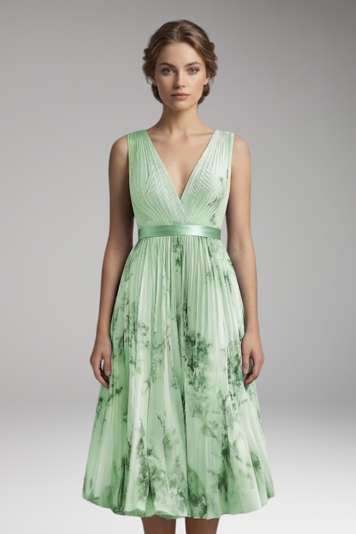 Women's Pleated Dress with Deep V-Neck and Floral Print