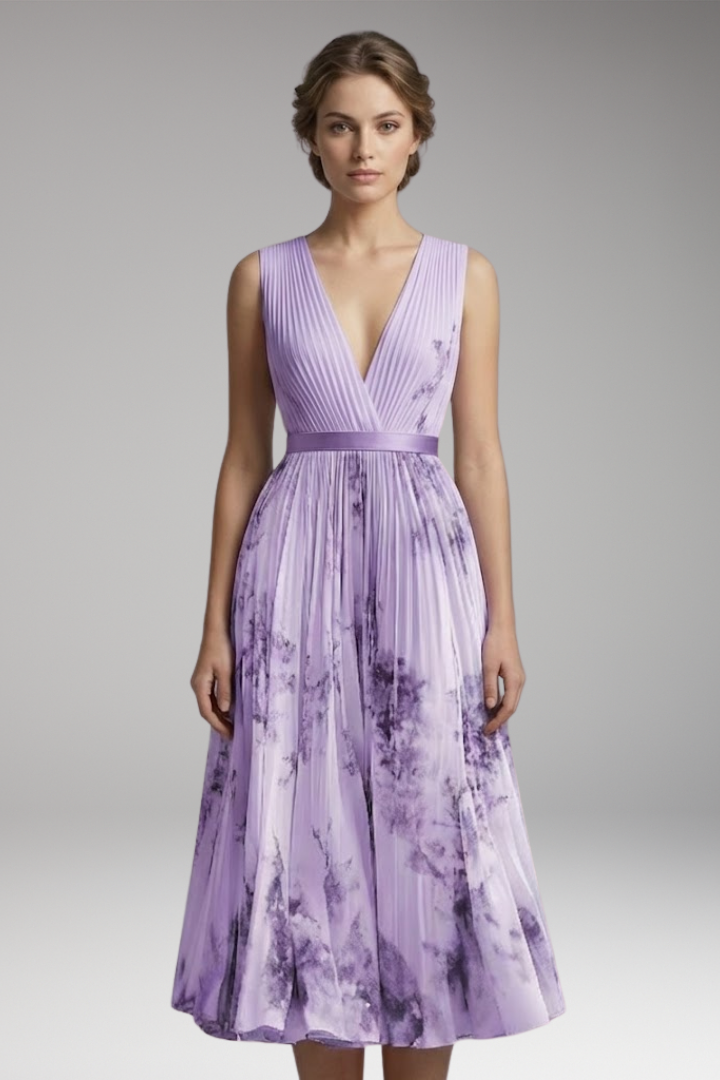 Women's Pleated Dress with Deep V-Neck and Floral Print
