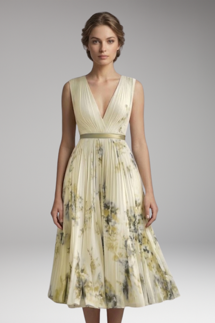 Women's Pleated Dress with Deep V-Neck and Floral Print
