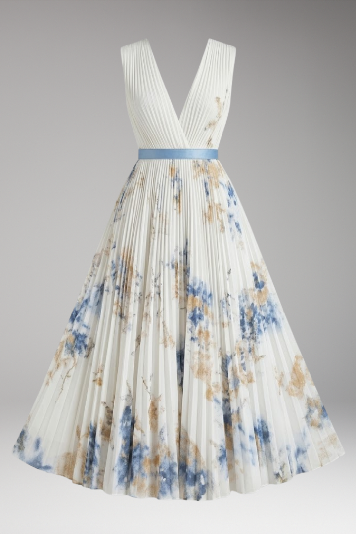 Women's Pleated Dress with Deep V-Neck and Floral Print