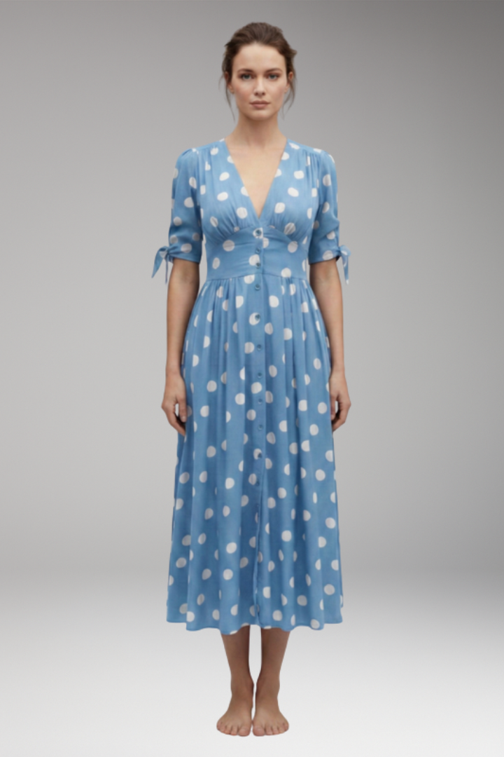 Women's Polka Dot Midi Dress with Buttons and Fitted Design