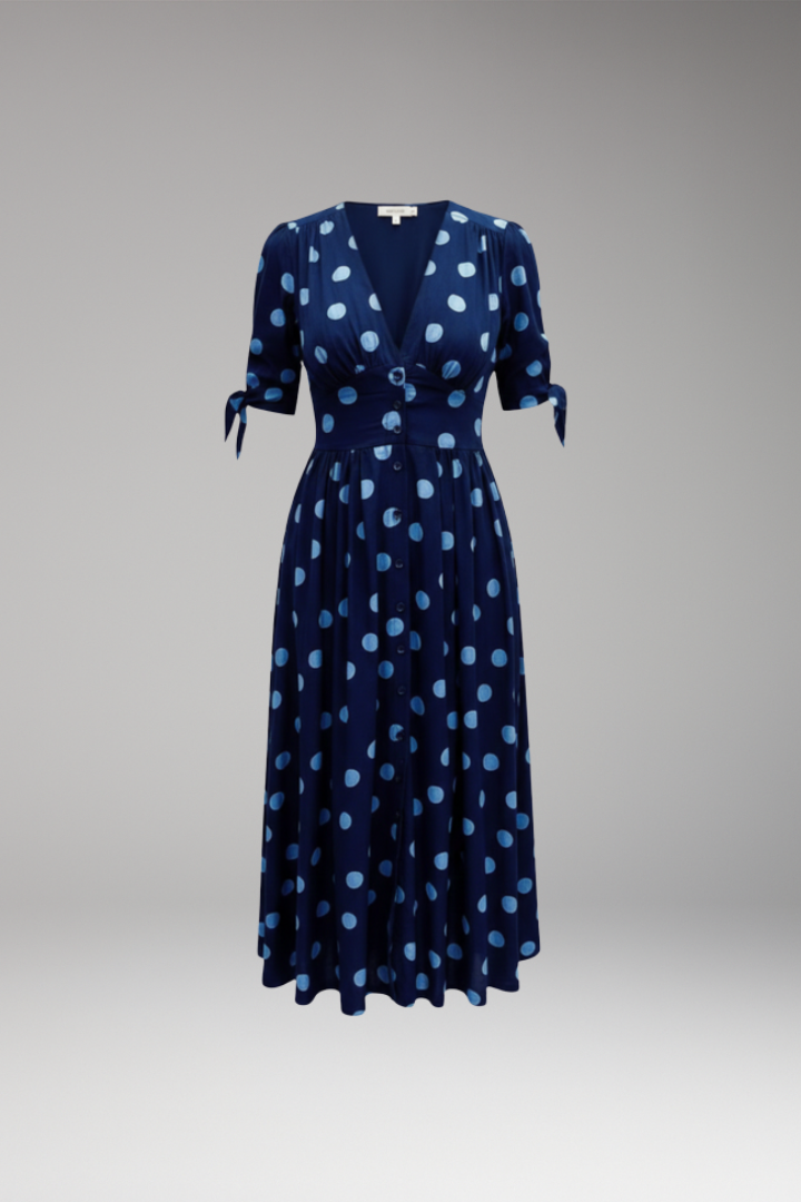 Women's Polka Dot Midi Dress with Buttons and Fitted Design