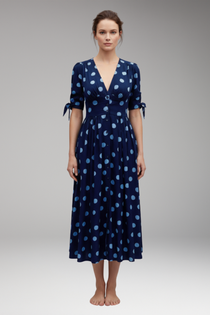 Women's Polka Dot Midi Dress with Buttons and Fitted Design