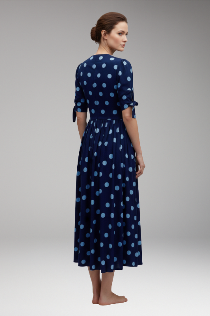 Women's Polka Dot Midi Dress with Buttons and Fitted Design