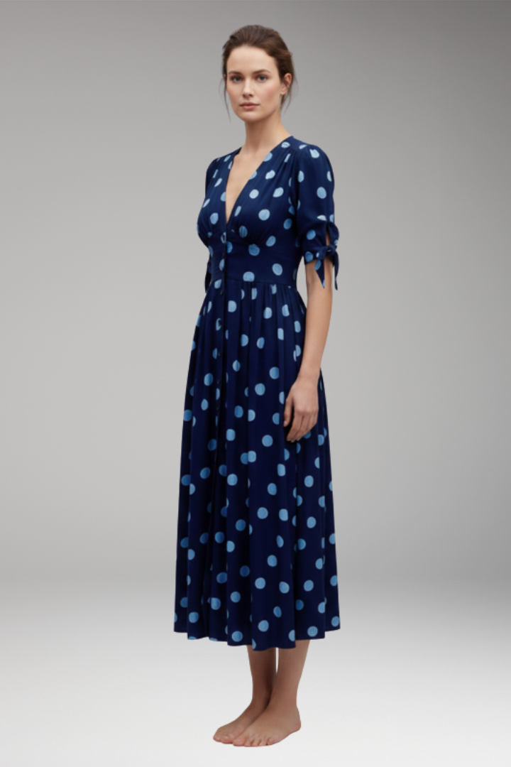 Women's Polka Dot Midi Dress with Buttons and Fitted Design