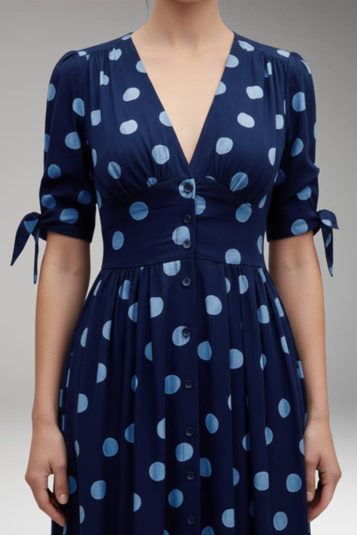 Women's Polka Dot Midi Dress with Buttons and Fitted Design