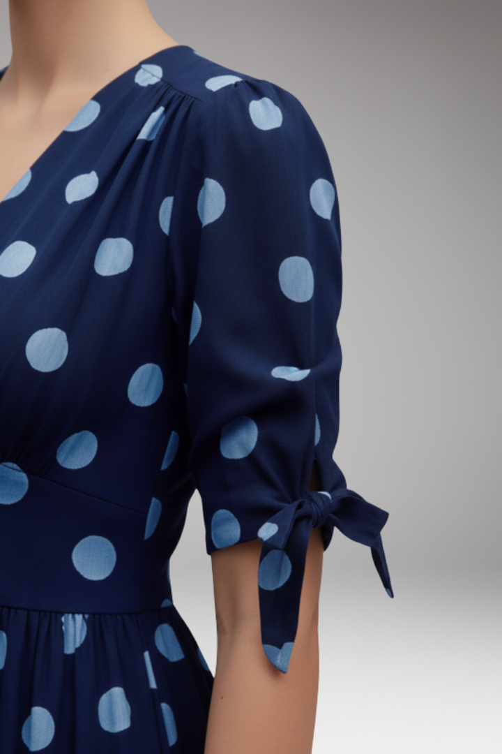 Women's Polka Dot Midi Dress with Buttons and Fitted Design